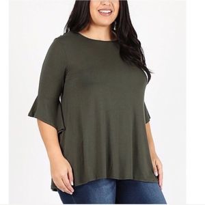 Women’s Olive Green Elbow Length Bell Sleeve Loose Fitting Plus SizeTop Sz 1X